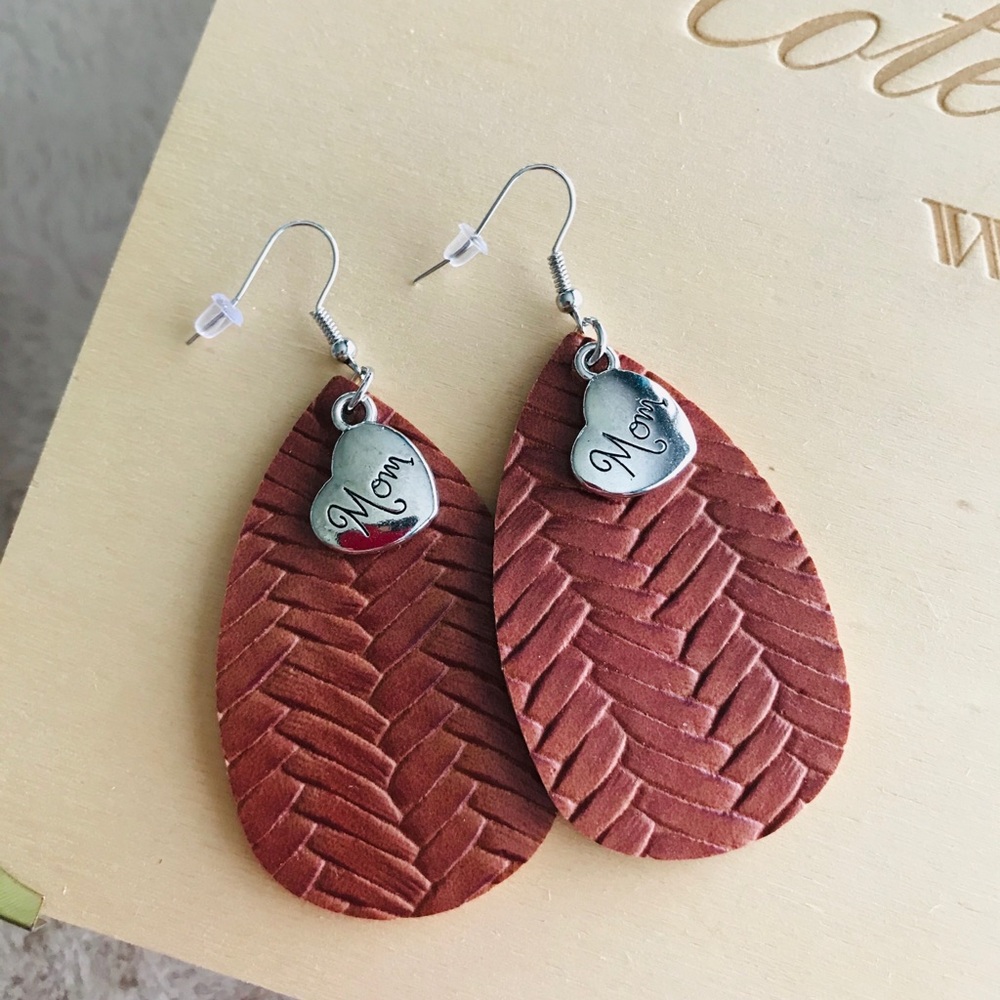 Leather “mom” earring with silver charm
